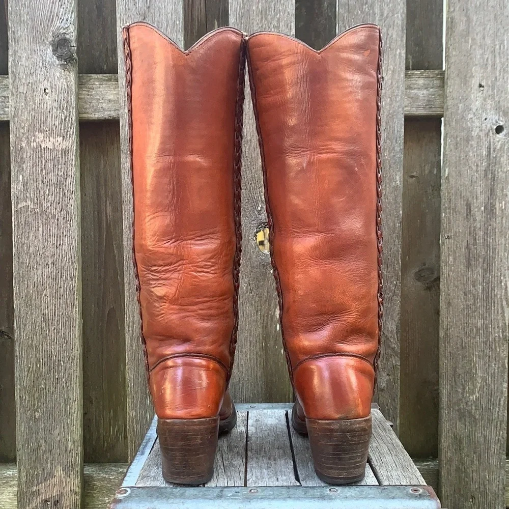 FRYE True Vintage Black Label Tall Knee High Braided Campus Brown Boots Size 7 - Picture 4 of 12